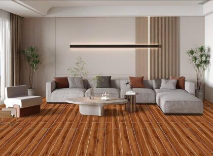 Vintage Walnut Wood Grain Tile on the floor in a sitting room