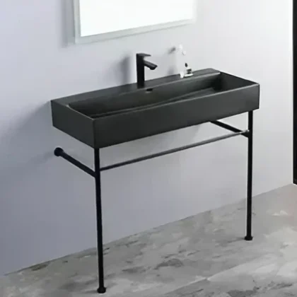 Vintage Matte Black Ceramic Wash Basin With Stainless Steel Support