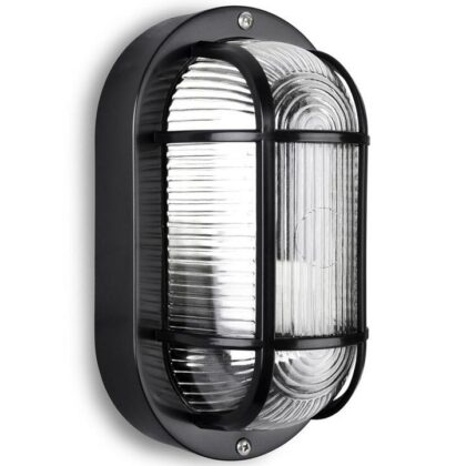 The Large Classic Oval 10"L 1-Light Vintage Bulkhead Wall Light - Matte Black - Prismatic Glass & Aluminium