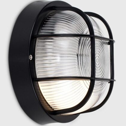 Large Classic Round 10" Diameter 1-Light 60W Bulkhead Wall Light - IP65 - Black - Aluminium & Glass