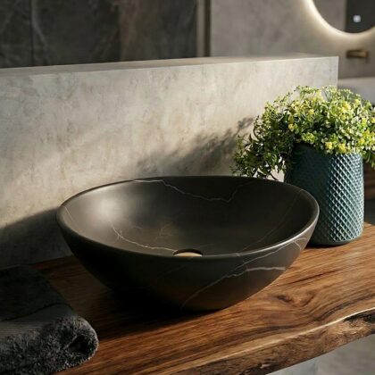 The Oval 16" Wide Contemporary Countertop Vessel Basin - Matte Black Marble - Ceramic
