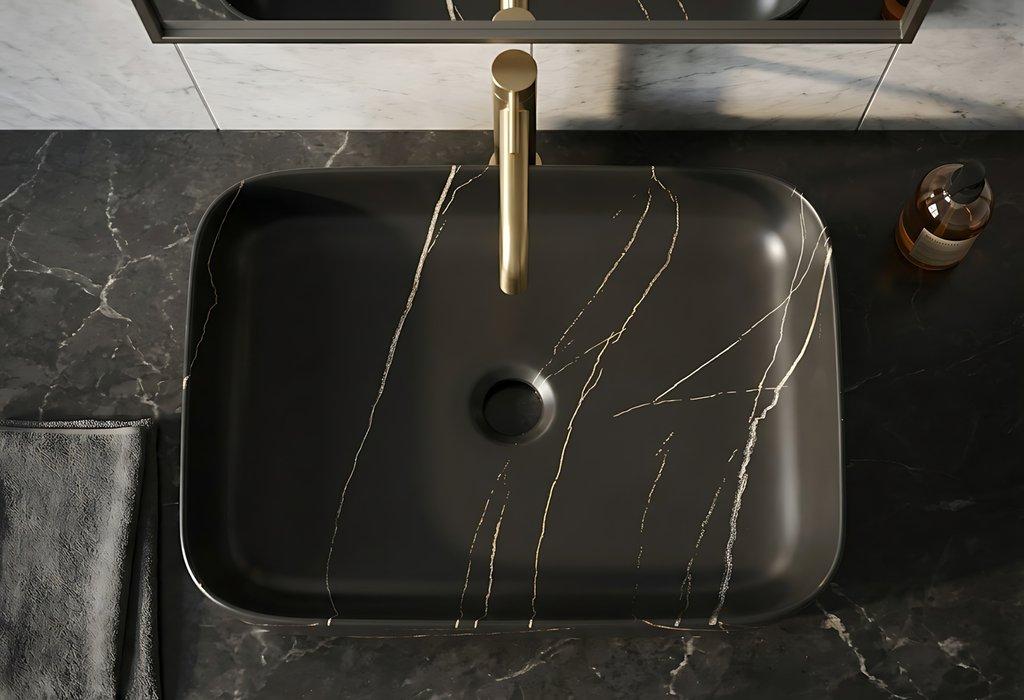 The Marble-Effect Countertop Basin – Matte Black & Gold – Ceramic — angle 1