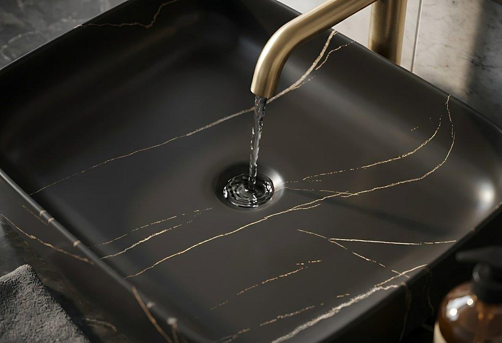 The Marble-Effect Countertop Basin – Matte Black & Gold – Ceramic — angle 2