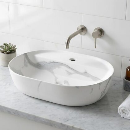 The Oval Marble-Effect 20" Long Contemporary Countertop Basin - White & Grey - Ceramic