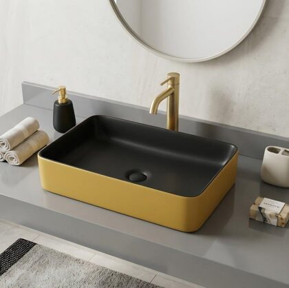 The Modern Rectangular 50.5cm Wide Countertop Vessel Basin - Matte Black & Gold - Ceramic