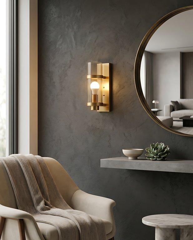 The Castletone 4″ Wide 1-Light Contemporary Wall Light – Brushed Gold – Clear Glass — angle 1