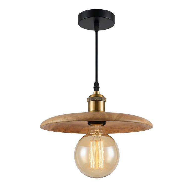 The Latafa Disk 11" Diameter 1-Light Scandinavian Pendant - Antique Brass - Wood