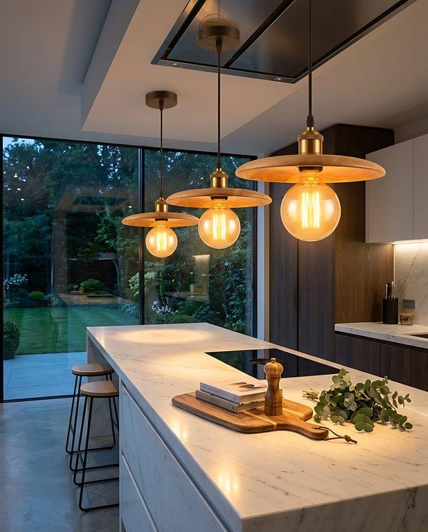 The Latafa Disk 11" Diameter 1-Light Scandinavian Pendant - Antique Brass - Wood