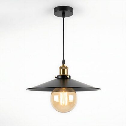 The Retro Black Dish 12" Diameter 1-Light Industrial Pendant - Matte Black & Antique Brass - Metal