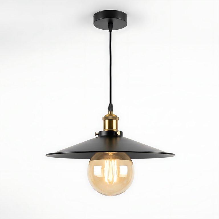 The Retro Black Dish 12" Diameter 1-Light Industrial Pendant - Matte Black & Antique Brass - Metal
