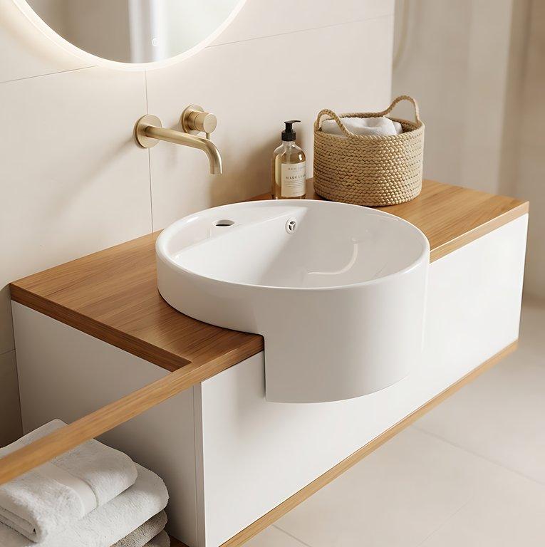 The Semi-Recessed 44cm Round Ceramic Washbasin – Gloss White – 1 Tap Hole