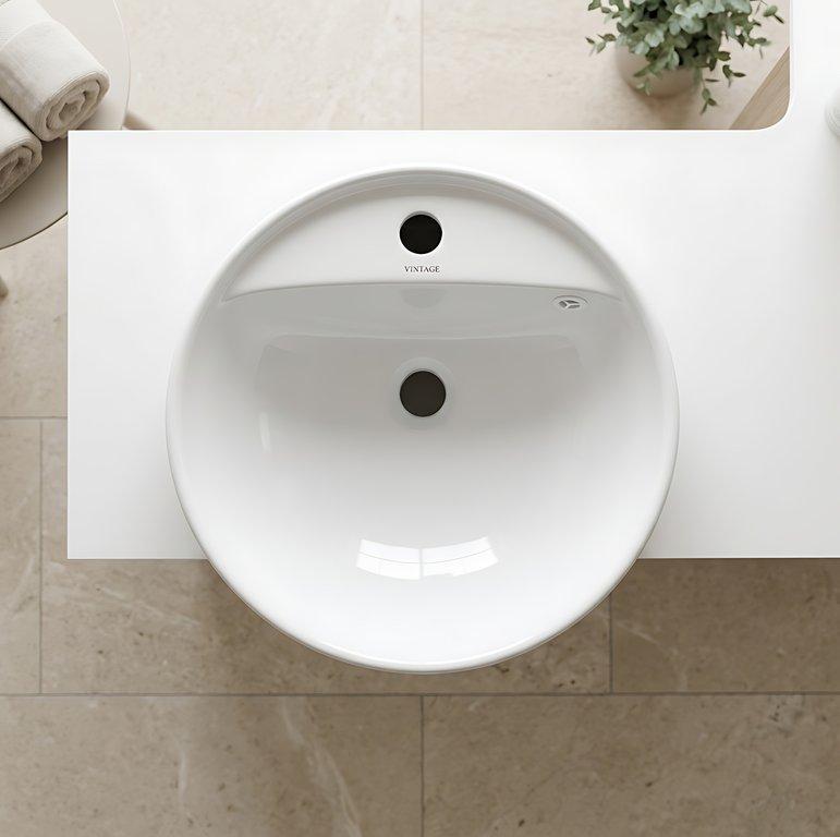 The Semi-Recessed 44cm Round Ceramic Washbasin – Gloss White – 1 Tap Hole — angle 2