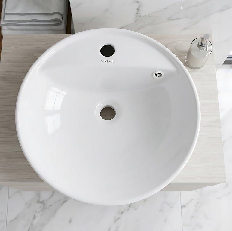 The Semi-Recessed 44cm Round Ceramic Washbasin – Gloss White – 1 Tap Hole — angle 4