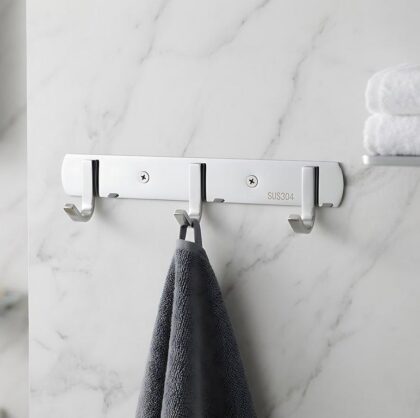 The 3-Hook 20.5cm Bathroom Hook Rail - Brushed Silver - Stainless Steel