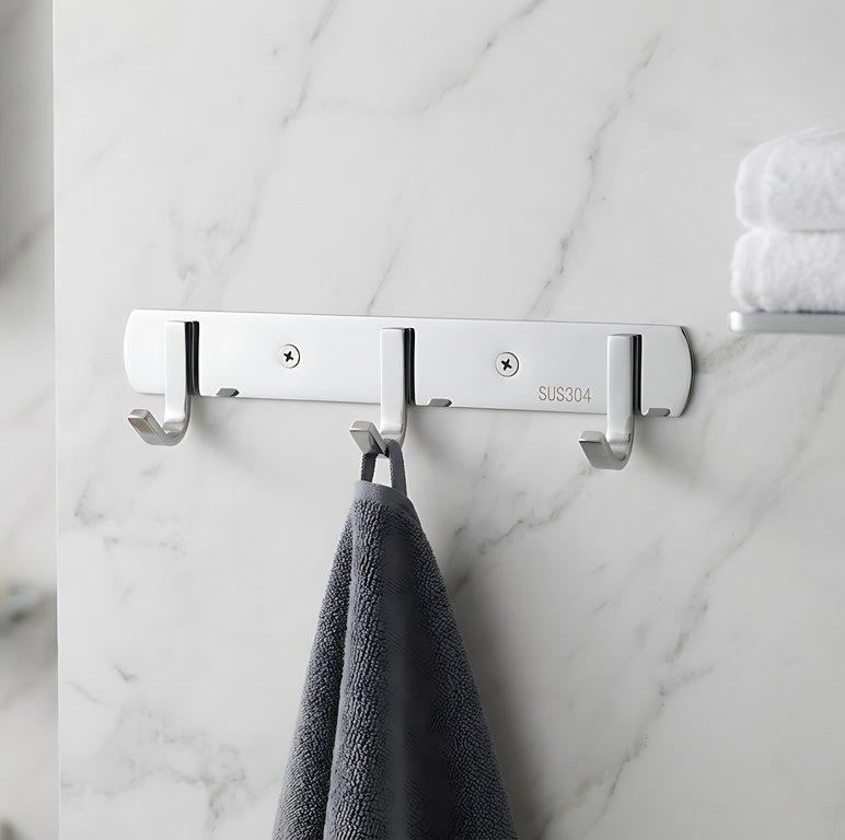 The 3-Hook 20.5cm Bathroom Hook Rail – Brushed Silver – Stainless Steel