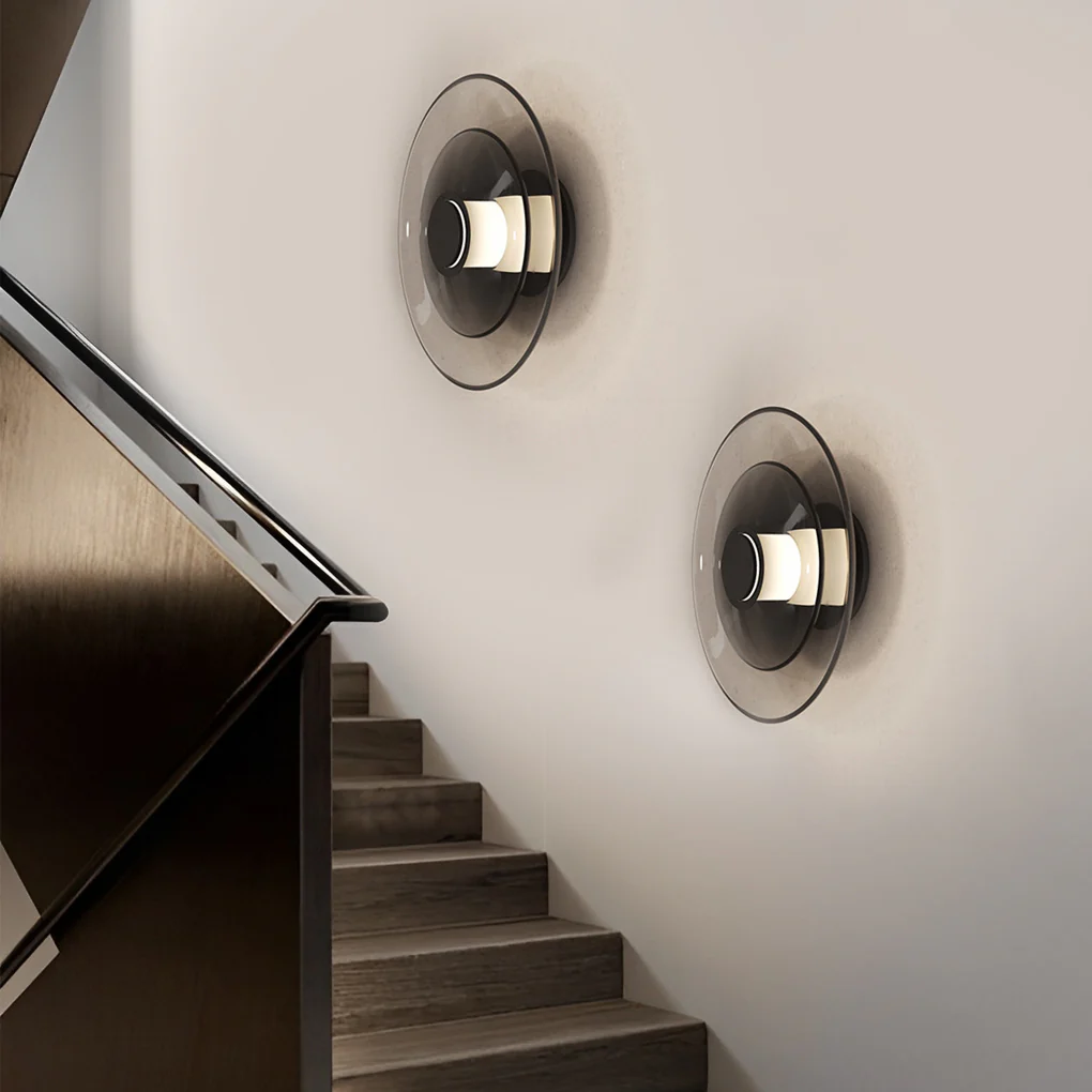 The Glass Disc 12″ Diameter 1-Light LED Modern Wall Lamp – Black – Iron & Glass — angle 2