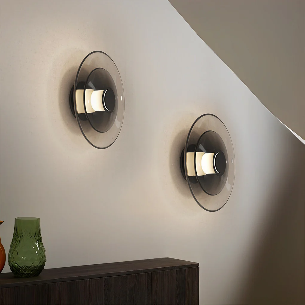 The Glass Disc 12″ Diameter 1-Light LED Modern Wall Lamp – Black – Iron & Glass — angle 4