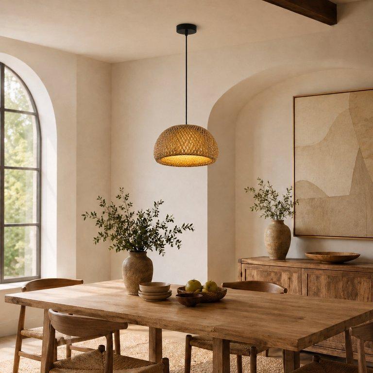The Woven Basket 300mm Wide Dome Pendant Light - Natural Bamboo