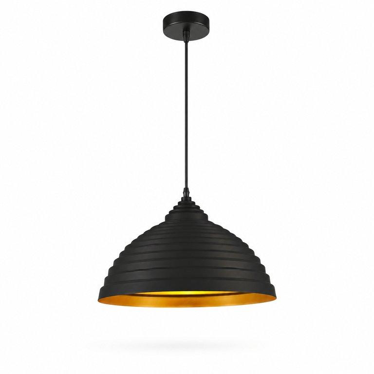 The Ribbed 400mm Wide Dome Pendant Light - Matte Black & Gold Aluminum