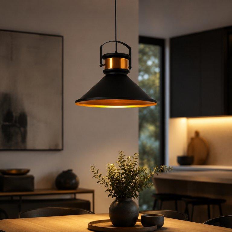 The Stirrup 360mm Wide Cone Pendant Light - Black & Copper Aluminum