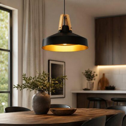 The Wooden Trestle 350mm Wide Dome Pendant Light - Black & Gold Aluminum