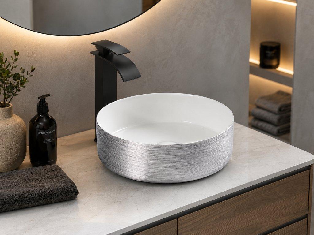 The Brushed Silver White 360mm Diameter Counter-top Basin – Silver & White Finish — angle 1