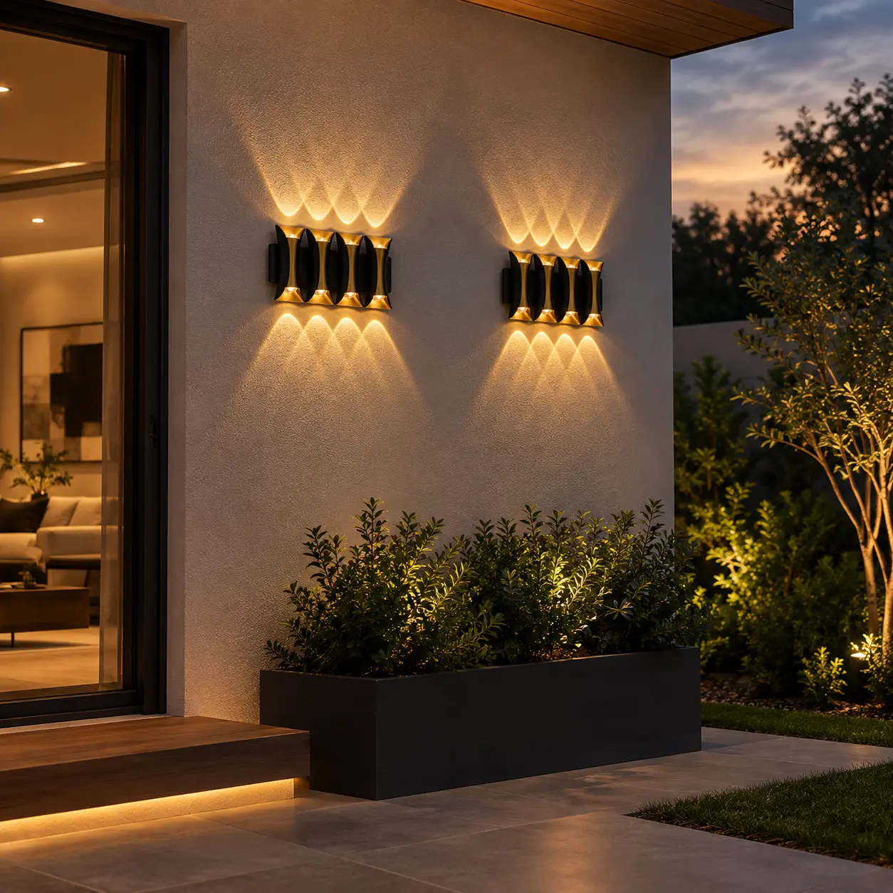 The Chevron Stepped Beam Outdoor Wall Light – 210mm Wide – Black & Gold Aluminum - angle 1