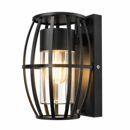 The Harbor Caged Cylinder Outdoor Wall Light - 150mm Wide - Matte Black Iron & Glass