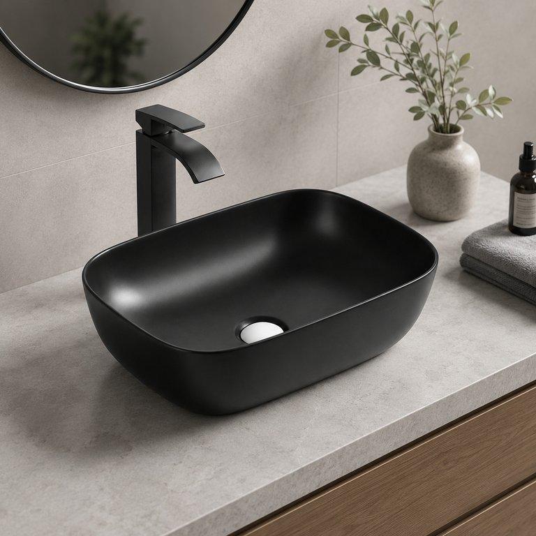 The Matte Black 460mm Wide Oval Counter-top Basin – Matte Black Finish — angle 1