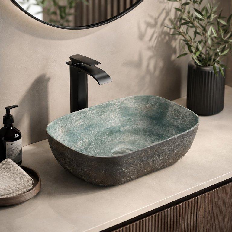 The Vintage Arc Lines 460mm Wide Rounded Rectangular Counter-top Art Basin – Green Grey Finish — angle 1
