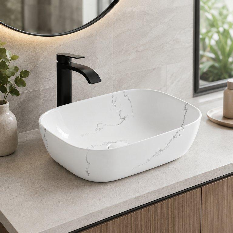 The White Stone Pattern 460mm Wide Oval Counter-top Basin – White Finish — angle 1