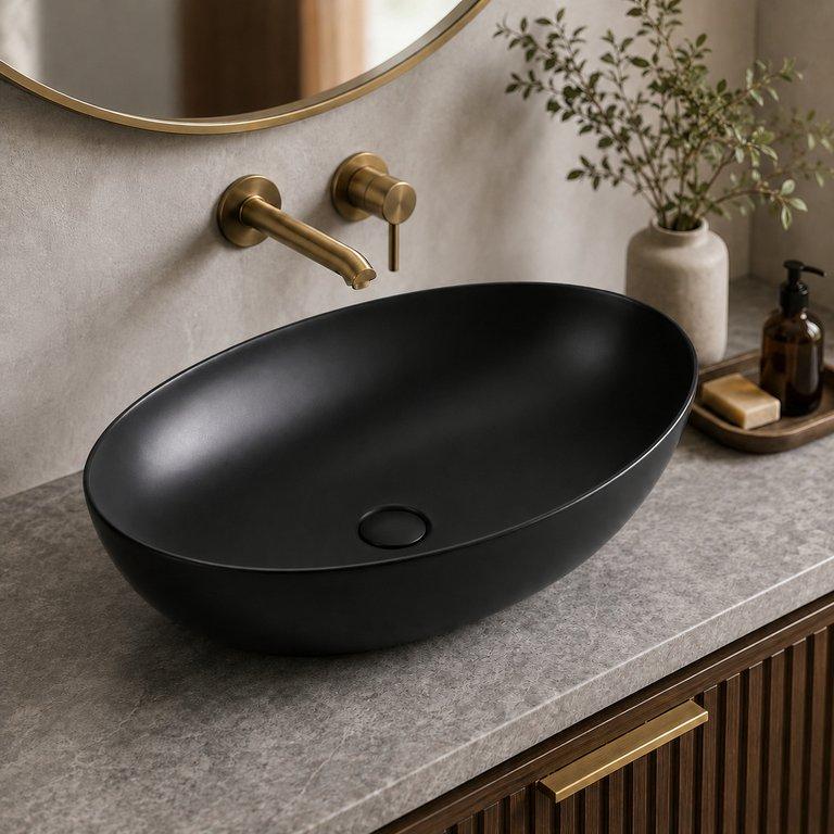 The Matte Black 620mm Wide Oval Counter-top Art Basin – Matte Black Finish — angle 1
