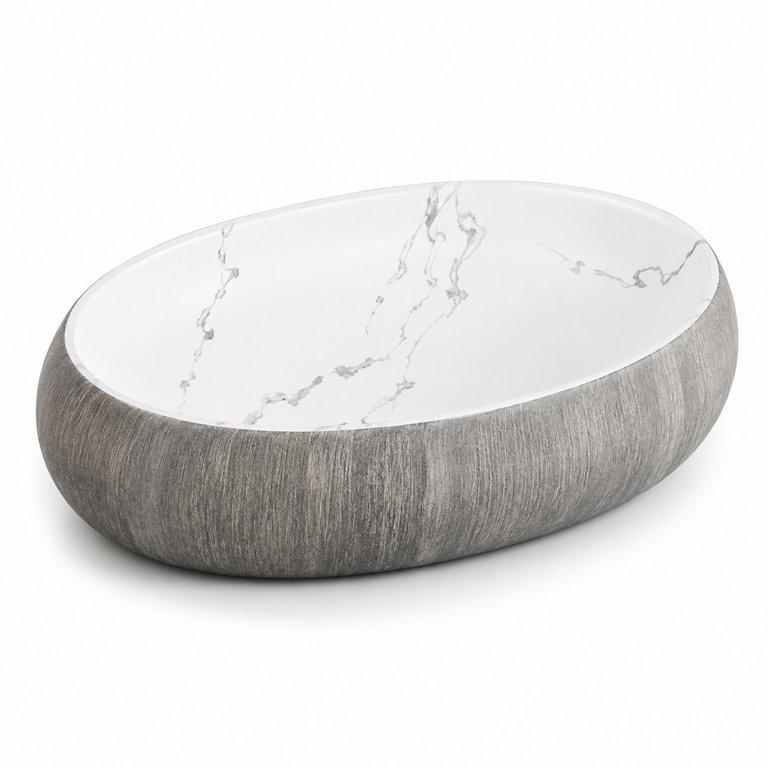 The Thin Stripes 600mm Wide Oval Counter-top Basin – White & Grey Finish