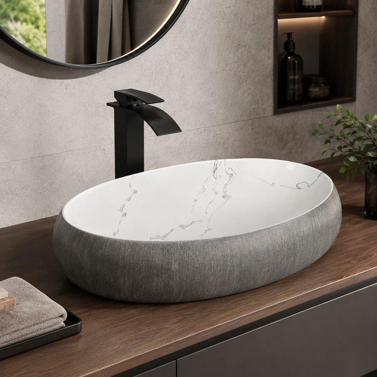 The Thin Stripes 600mm Wide Oval Counter-top Basin – White & Grey Finish — angle 1