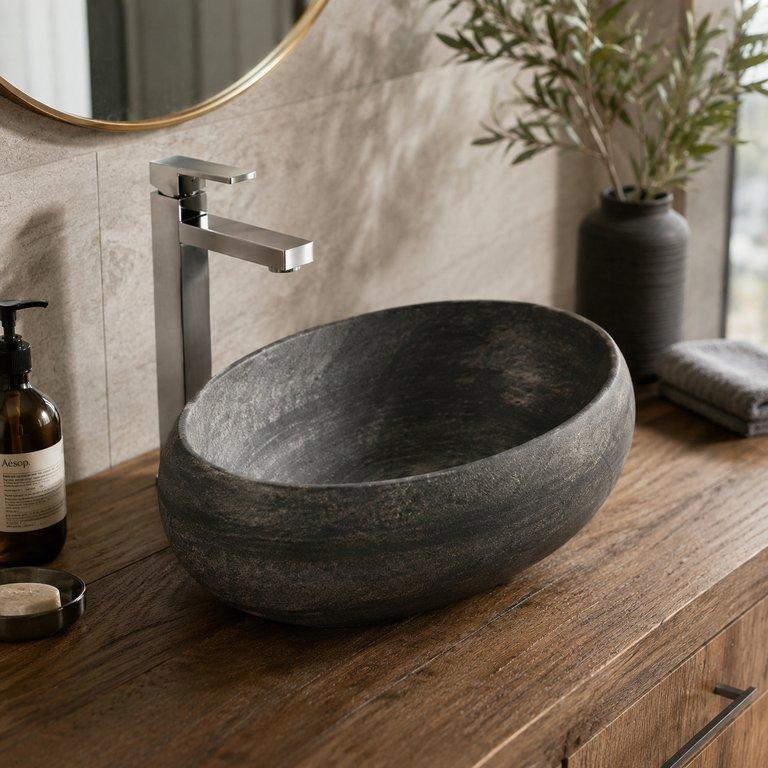 The Arc Lines 480mm Wide Oval Counter-top Basin – Dark Grey Finish — angle 1