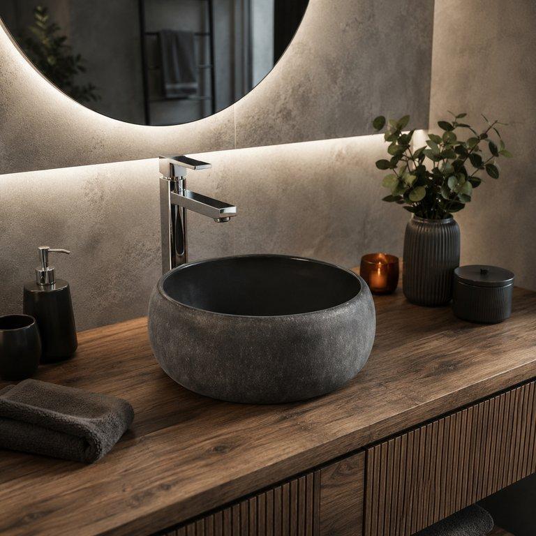 The Thin Stripes 400mm Wide Round Counter-top Basin – Matte Black Finish — angle 1