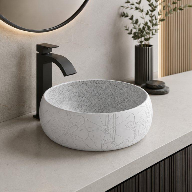 The Antique Lotus 400mm Diameter Round Counter-top Art Basin – White & Grey Finish — angle 1