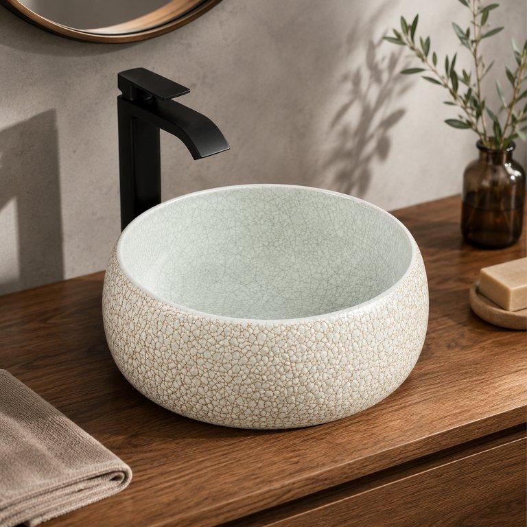 The Leopard Print Green 400mm Diameter Round Counter-top Art Basin – Green Finish — angle 1