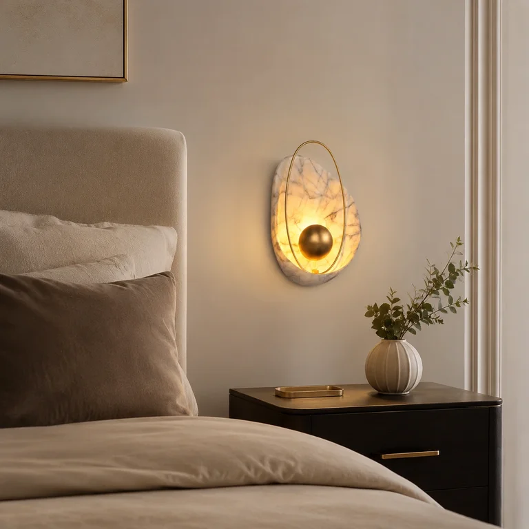 The Dawn 270mm Wide Organic Marble Wall Light – White Marble & Brushed Gold