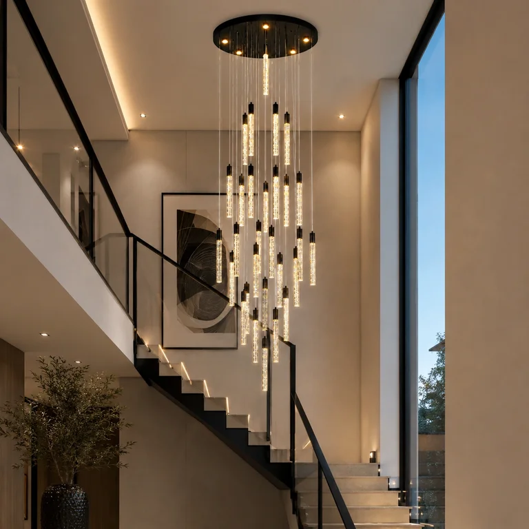 Cascading crystal chandelier dropping through a two-storey stairwell