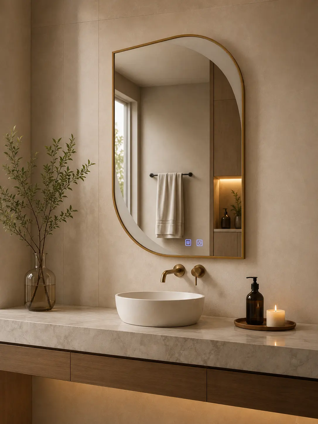 The 600mm Wide Golden Frame Rounded Rectangular LED Mirror – 3 Color Back Light