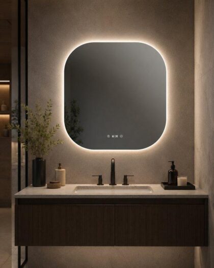 The 600mm Wide Rounded Square LED Mirror With Time - 3 Color Back Light