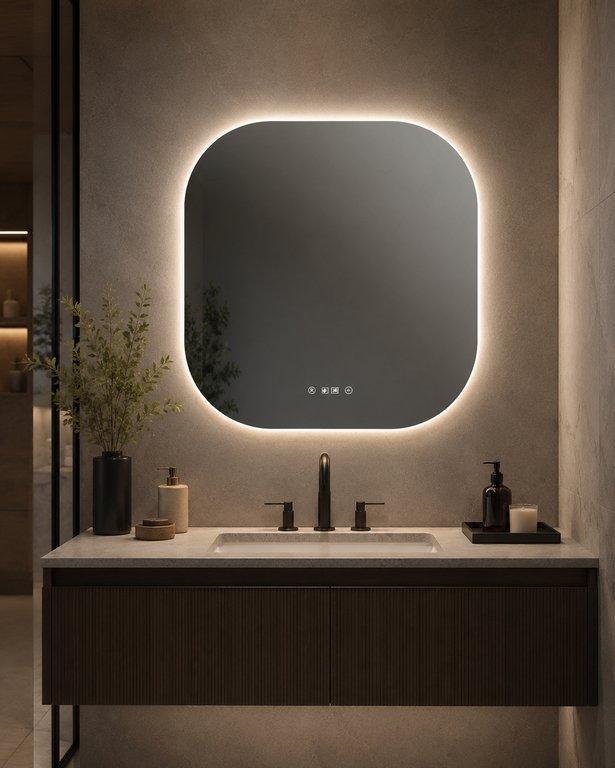 The 600mm Wide Rounded Square LED Mirror With Time – 3 Color Back Light