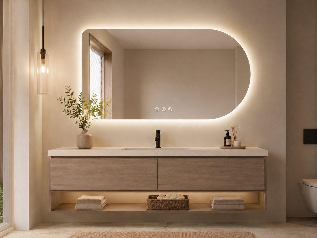 The 1200mm Wide Rounded Rectangular LED Mirror With Time – 3 Color Back Light