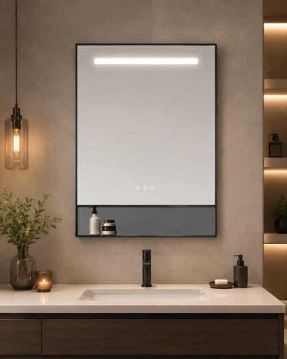 The 700mm Wide Black Frame Rectangular LED Mirror With Time - 3 Color Light
