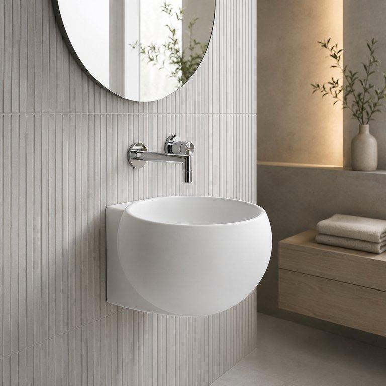 The Glossy White 550mm Wide Rounded Art Pedestal Basin – Glossy White Finish — angle 1